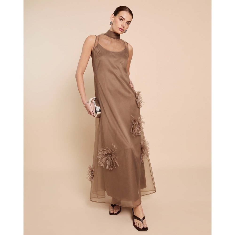 NWT o.p.t Naia Organza Tie Neck Maxi Dress in Oatmeal - Size XS - Picture 2 of 11
